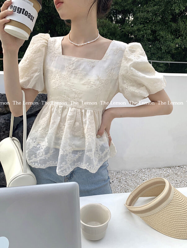[lemon green tea] sweet square collar Embroidered Baby Shirt 2253