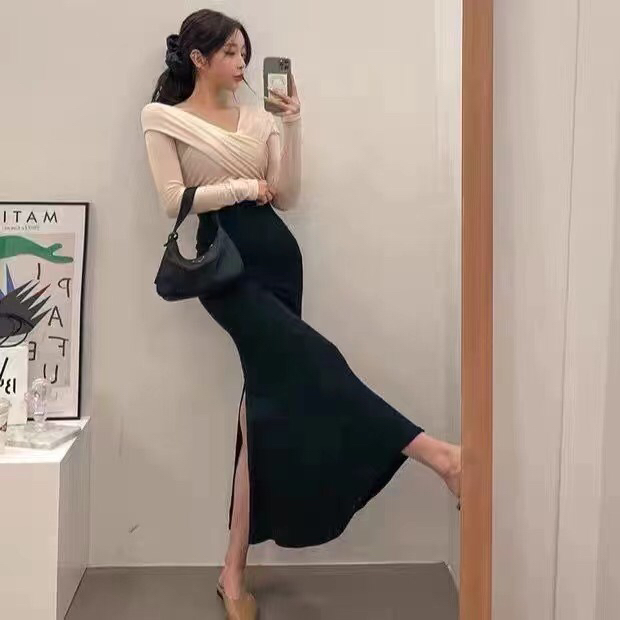 [ff.studio] Korean version versatile high waist solid color Hip Wrap Skirt fishtail skirt 8776\ozq