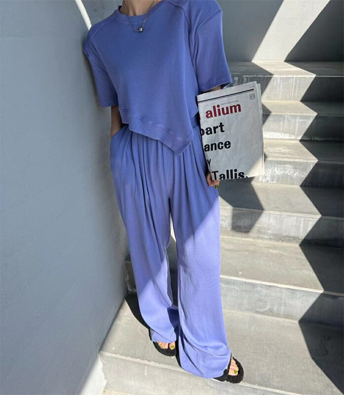 Original price 121.82! In early summer! [keep] Korean irregular shoulder pad short sleeve T-shirt + versatile solid pleated leisure suit 7775\wtt