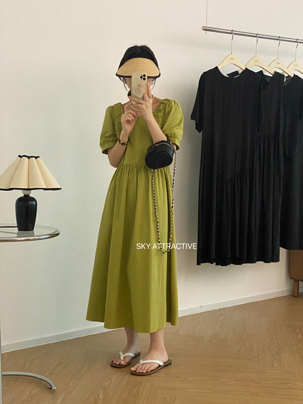 [sky] square neck pleated loose dress 19331\hbx