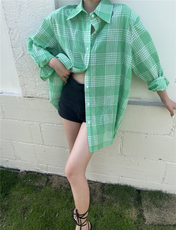 [open] simple casual checked single breasted shirt 3870\ozq
