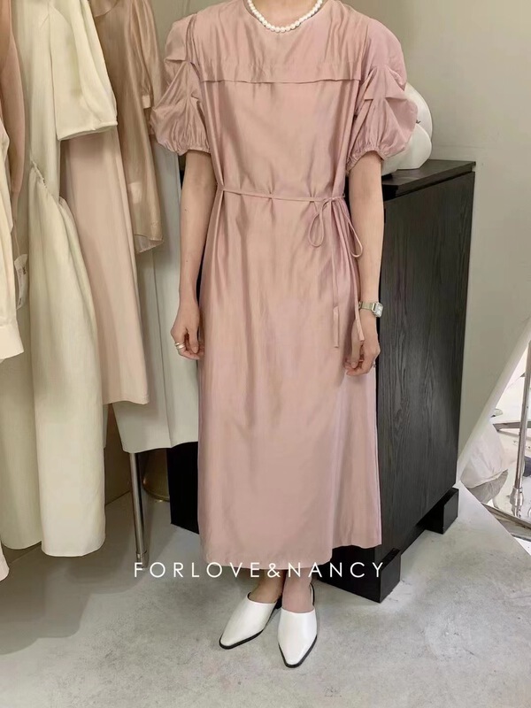 [forlove&nancy] fresh round neck bubble sleeve dress (with waist rope) lb2laj423\cqw