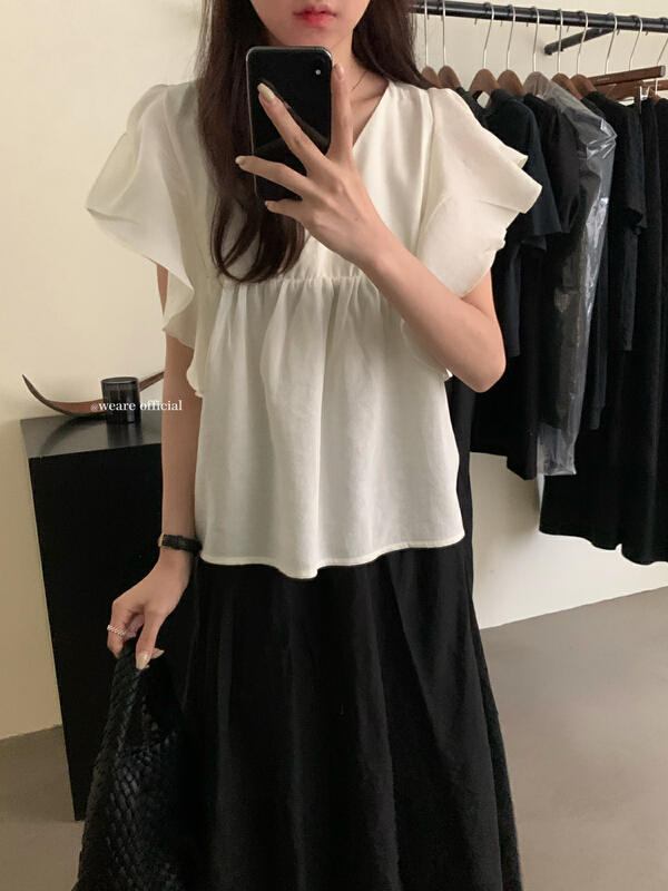 [we are] ruffled bubble sleeve design V-neck shirt 20175\zjy