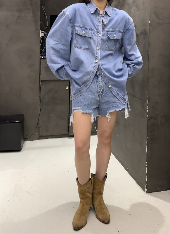 [tomorrow] loose and versatile denim shirt + Korean loose Shorts Set 669\ozq