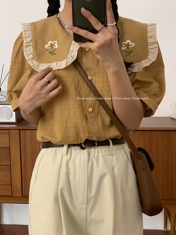 [from Anna] Navy collar lace stitched embroidered plaid shirt 6210\lsw