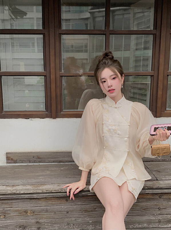 [w design] Chinese retro elegant sunscreen blouse + gentle high waist slim skirt set 6821\wpl