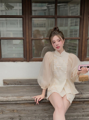 [w design] Chinese retro elegant sunscreen blouse + gentle high waist slim skirt set 6821\wpl