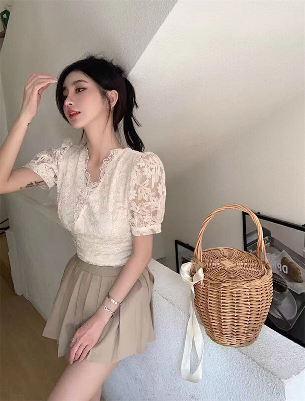 [ff.studio] Korean lace embroidery waistless short shirt 2123\ozq