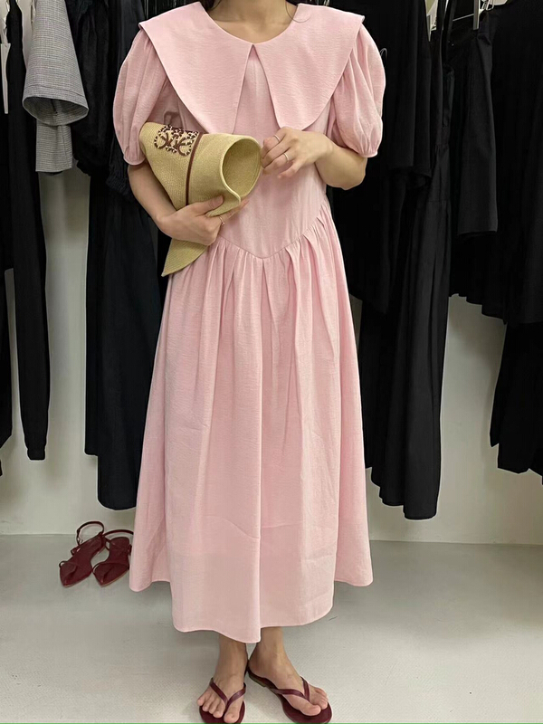 [Alibaba] Korean sweet big Lapel loose bubble sleeve dress 80085-2\hjy