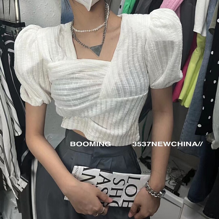 [looming] square neck bubble sleeve short sleeve T-shirt 2488\zxl
