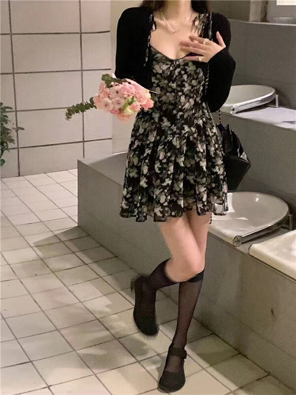 [ff.studio] advanced sexy Spice Girl floral sling + thin loose knit suit 8323\ozq