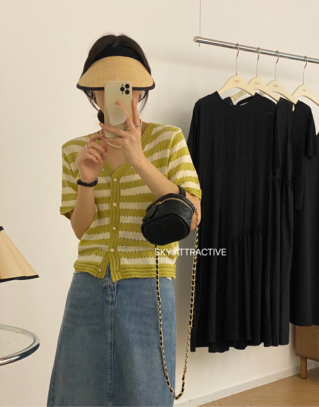 [sky] V-neck stripe small fragrance T-shirt s627\hbx