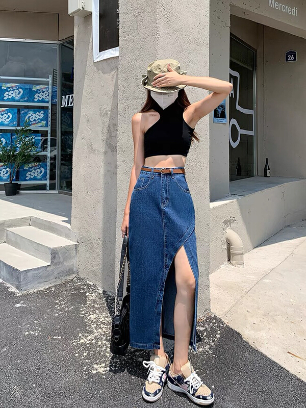 [u say] Korean retro versatile split design denim skirt (with belt) 66121\jhy