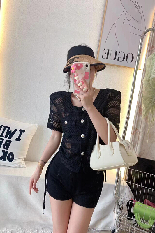 [ff.studio] French slim drawstring pleated hollow lace blouse (with vest) 5530\ozq