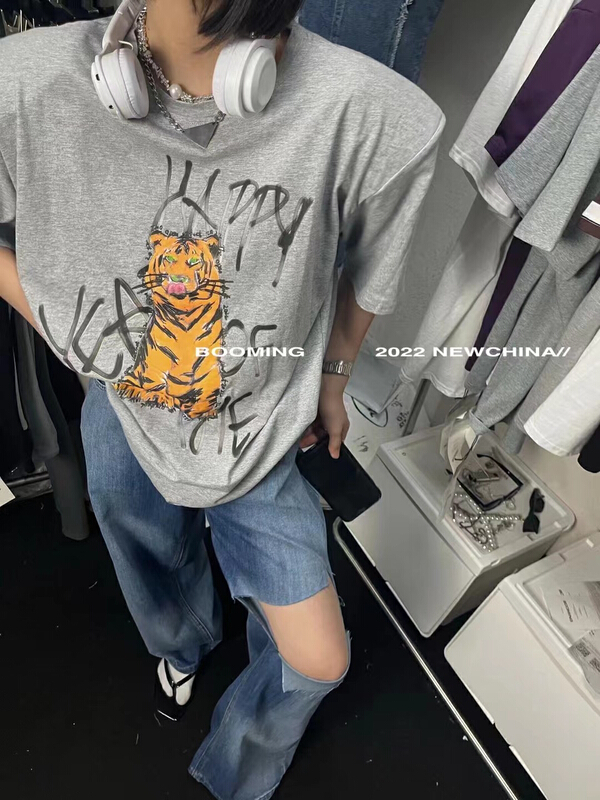 [roaming] casual shoulder pad printed short sleeve T-shirt ys1-2452\zxl