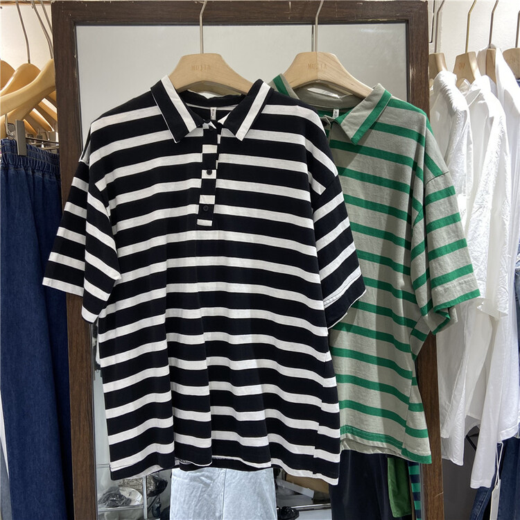 [Mujia] Polo neck stripe loose short sleeve T-shirt 93661\l