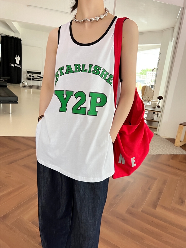 [bubble] American retro color contrast letter vest / sling 22t136\ozq