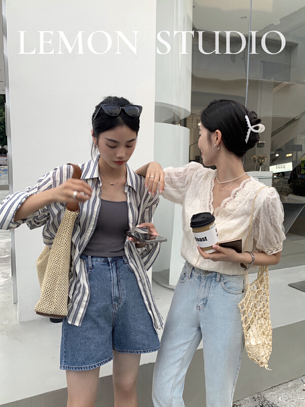 [lemon green tea] versatile stripe sunscreen comfortable shirt 2262