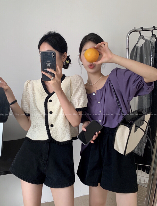 [lemon green tea] French color contrast small fragrance embroidered shirt 2236\hjy