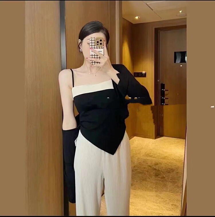 [ff.studio] French v-swing beveled edge color contrast suspender vest inside + simple sunscreen open suit 7572\ozq