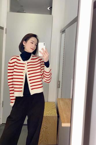 Cos women's 2021 winter new French small fragrance stripe wool knitted cardigan thin top coat