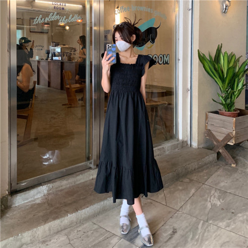 Real shooting and real price new Korean French high sense square neck small fly sleeve careful machine backless loose rubber band waist dress