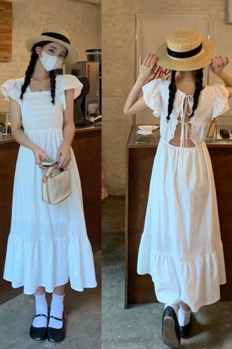 Real shooting and real price new Korean French high sense square neck small fly sleeve careful machine backless loose rubber band waist dress