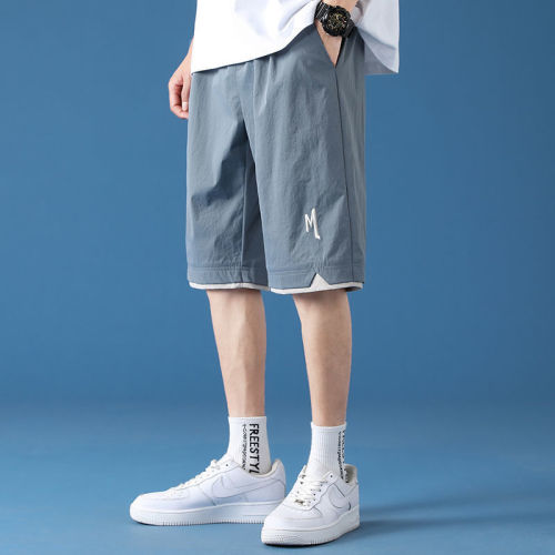 Summer casual pants men's wear simple and versatile loose Korean version pants fake two-piece cropped pants ice silk shorts