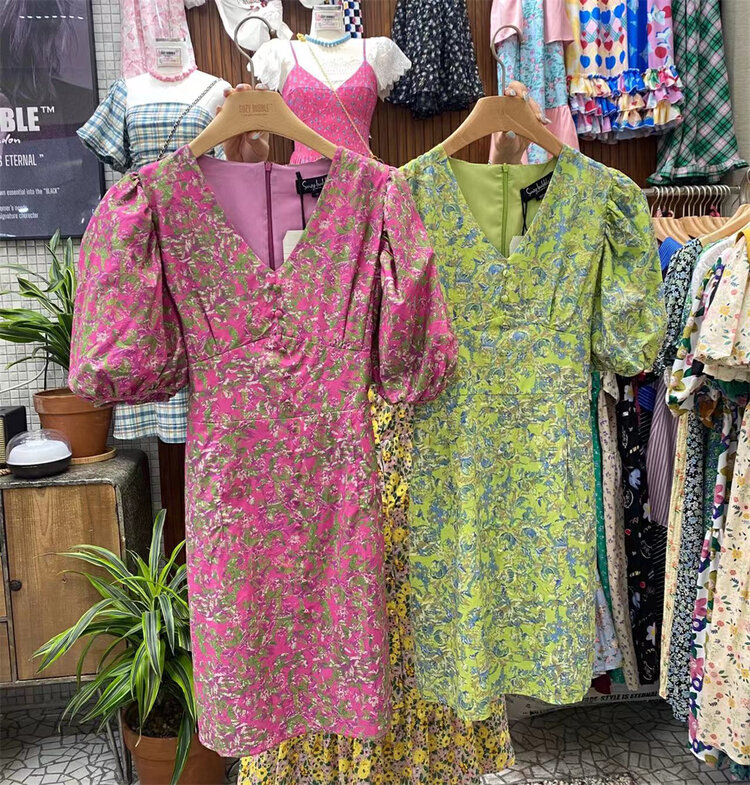 [suzybubble] V-neck floral lace up Lantern Sleeve Dress 3004\wpl