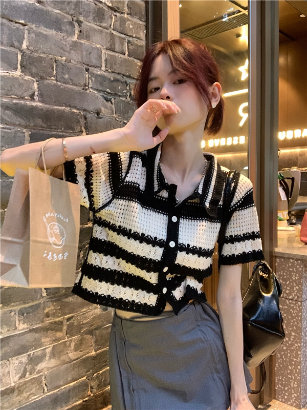 [Feimao (Yimao)] Korean stripe versatile short sleeve knitted cardigan z-4153\lsl