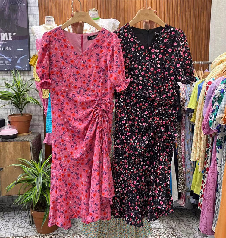 [suzybubble] V-neck pleated drawstring floral dress 1162# WPL