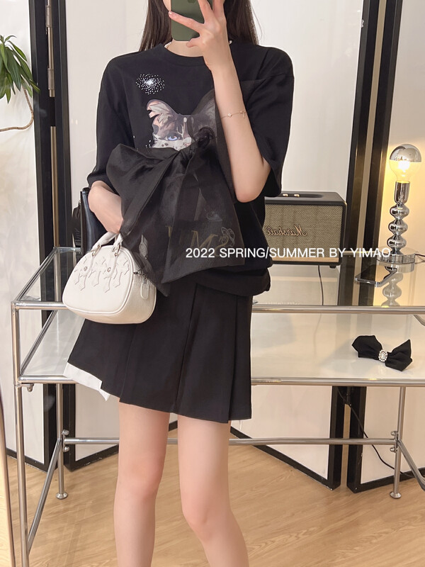 [Feimao (Yimao)] cute kitten print round neck short sleeve T-shirt z-80019\lsl