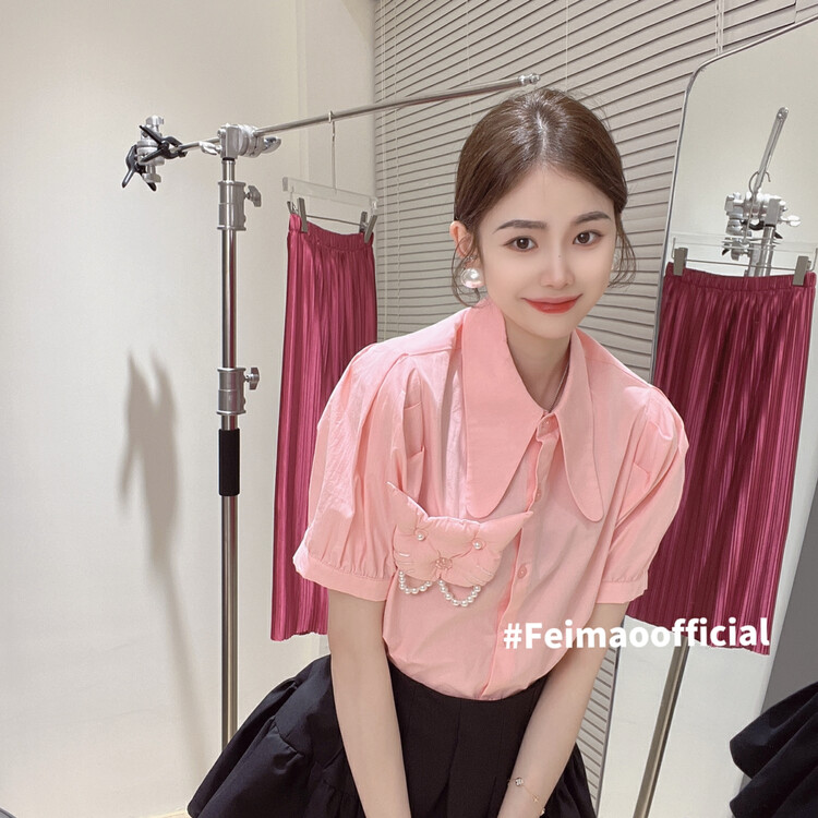 In early summer! [Feimao (Yimao)] Korean versatile fashion bubble sleeve shirt (detachable pendant) ym-7416\lsl