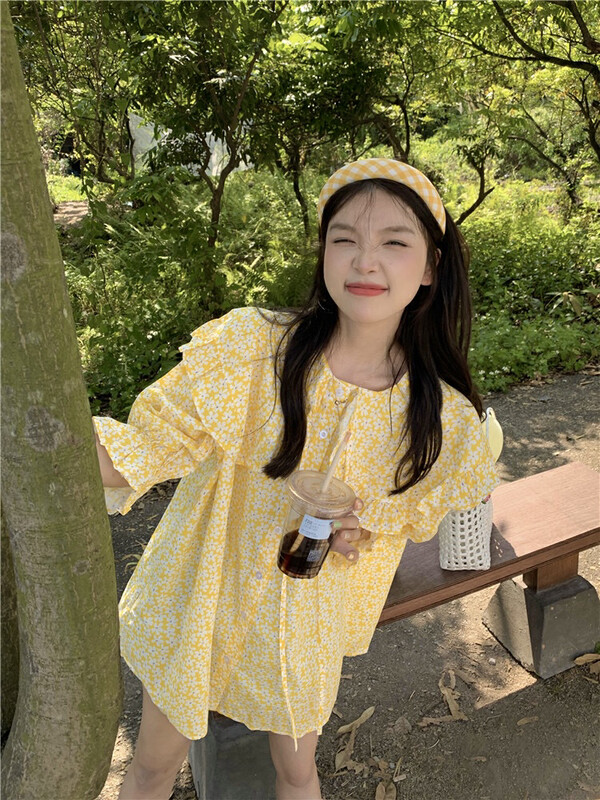 Original price: 62.04! [Feimao (Yimao)] sweet lady small flower medium length shirt z-6108\lsl