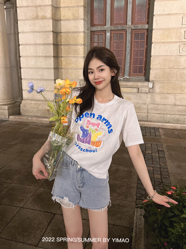 [Feimao (Yimao)] fashion round neck cartoon letter printed short sleeve T-shirt (T-shirt only) ym-7845\lsl