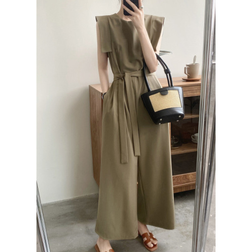Real shot ~ round neck sleeveless pleated solid color Jumpsuit women 2022 summer loose thin wide leg pants women