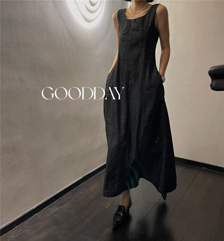 [good day] casual U-neck vest denim medium length dress 3296\csx