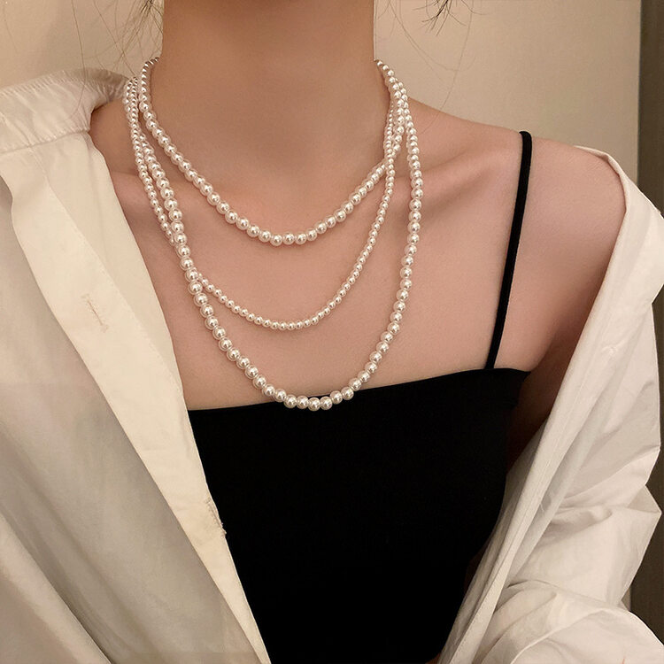[inside] Korean version simple minority design multilayer stacked pearl short necklace x3295\zxl