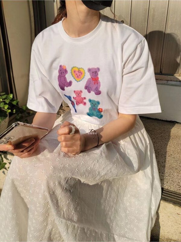 [chuu] Korean Funny Cartoon Bear print short sleeved T-shirt 61225 \hbx