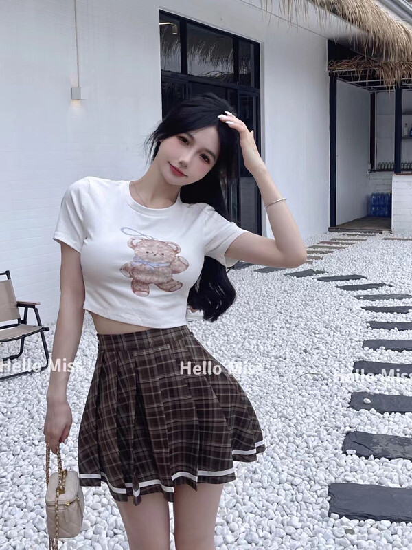 [Hello Miss] bear print short short sleeve T-shirt + Plaid pleated skirt set ys1-8258\pcz