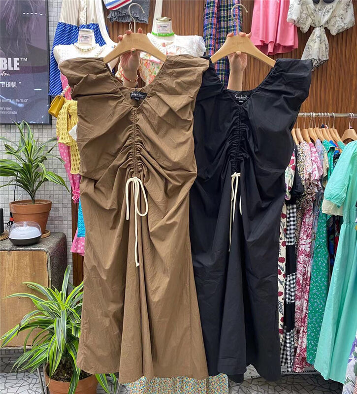 [suzybubble] V-neck slim pleated drawstring vest dress ys2-8912# WPL
