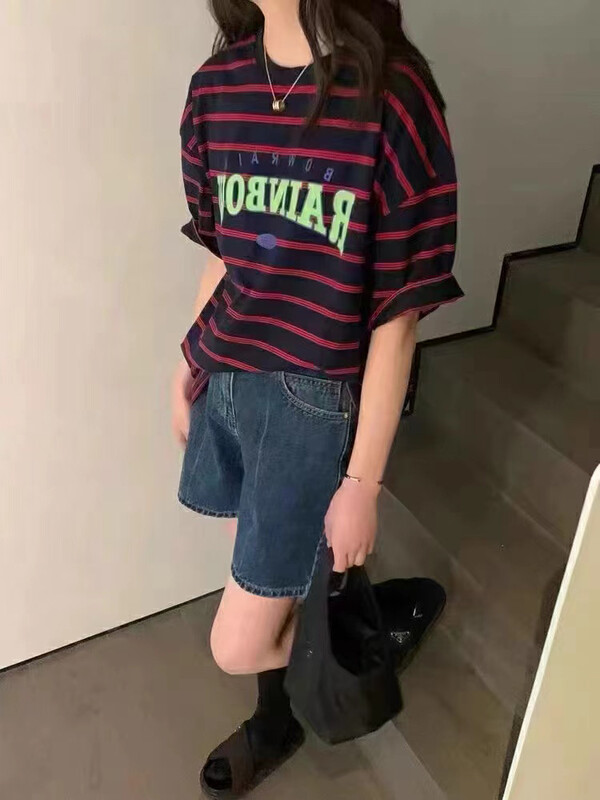 【 love 】 Korean casual and versatile contrast stripe letter printed short sleeve T-shirt z1257\hbx