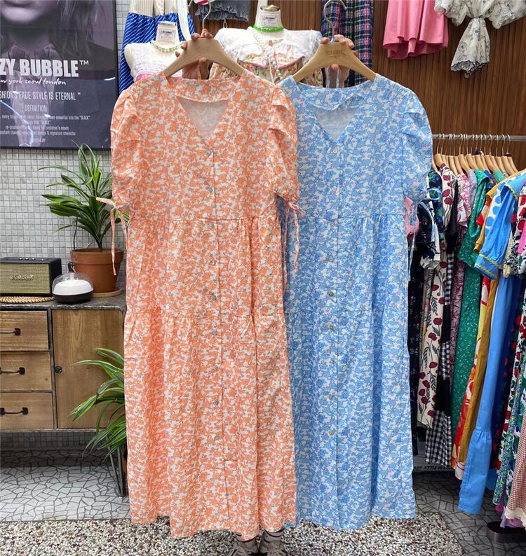 [suzybubble] V-neck button floral bubble sleeve dress 7111\wpl
