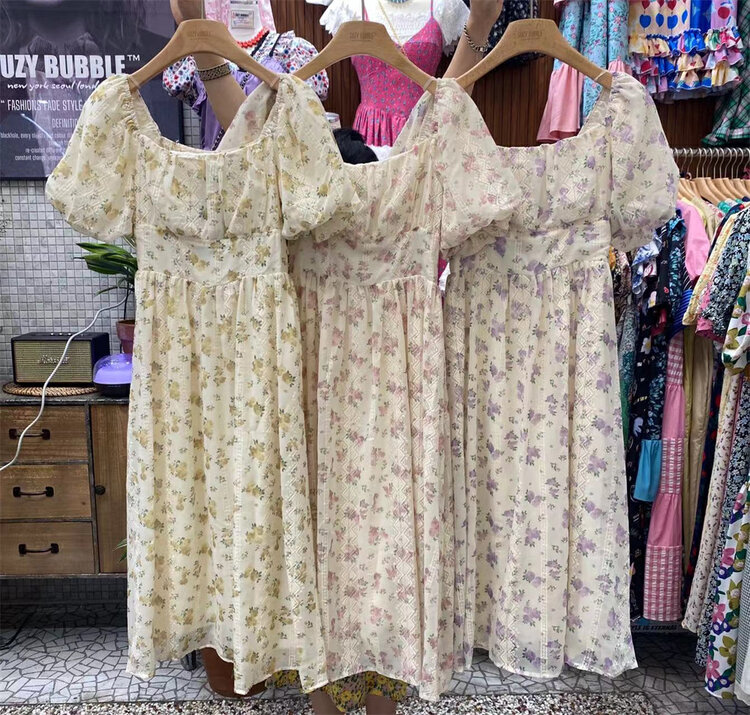 [suzybubble] small fresh square neck bubble sleeve floral dress 26182\wpl