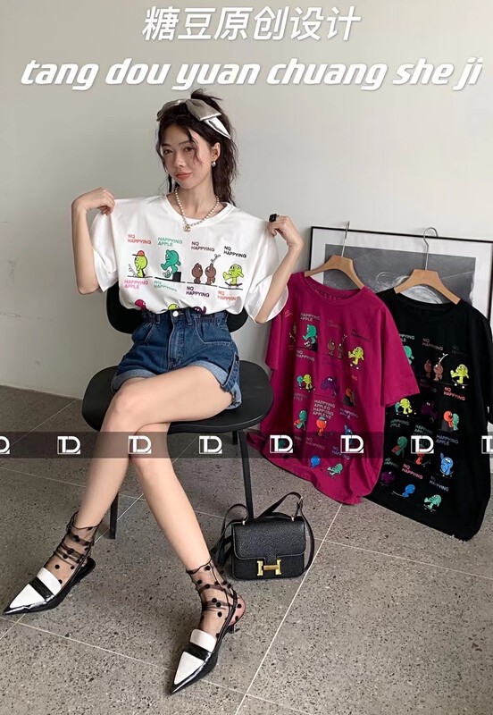 [tangdou original] large version Korean print Pullover short sleeve T-shirt 9826# WTT