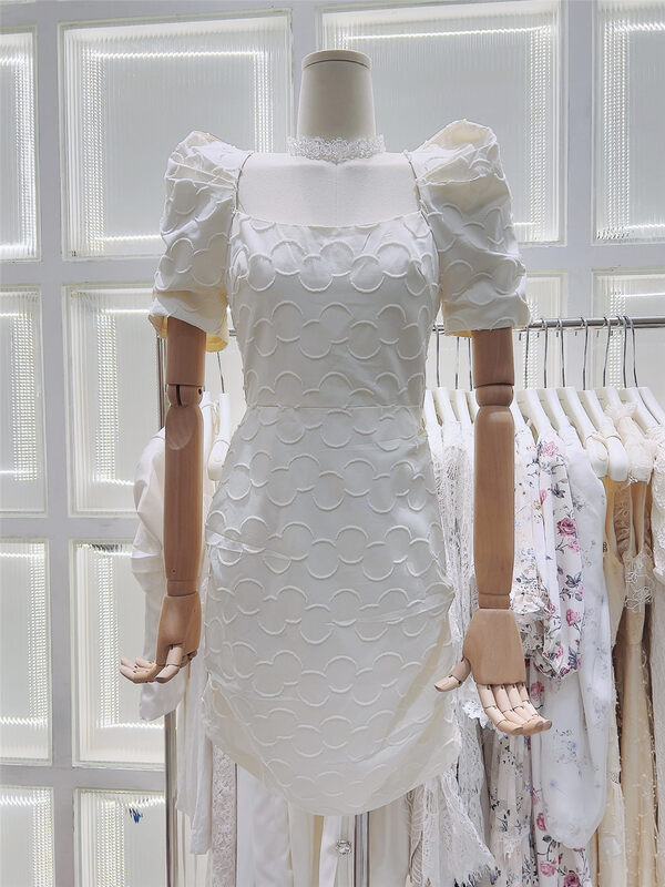 [Magnolia] fresh and simple square neck bubble sleeve dress g163# JJ