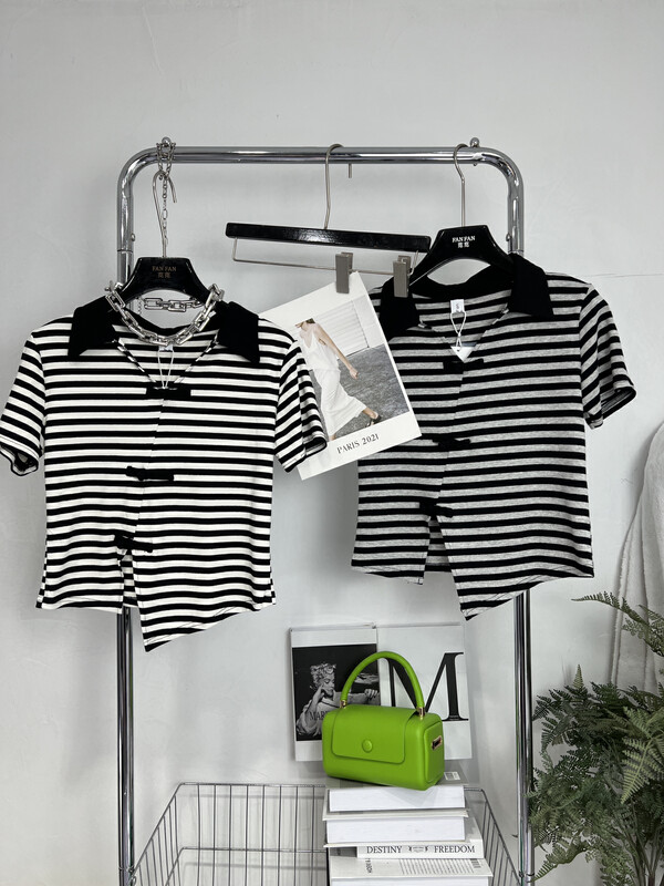 [Fanfan] Stripe Polo neck retro national style disc button short sleeve T-shirt 270\zxx