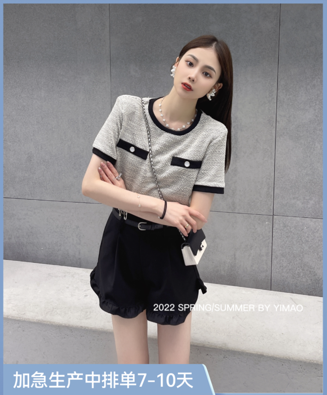 [Feimao (Yimao)] small fragrance color contrast round neck short sleeve T-shirt z-4211\lsl