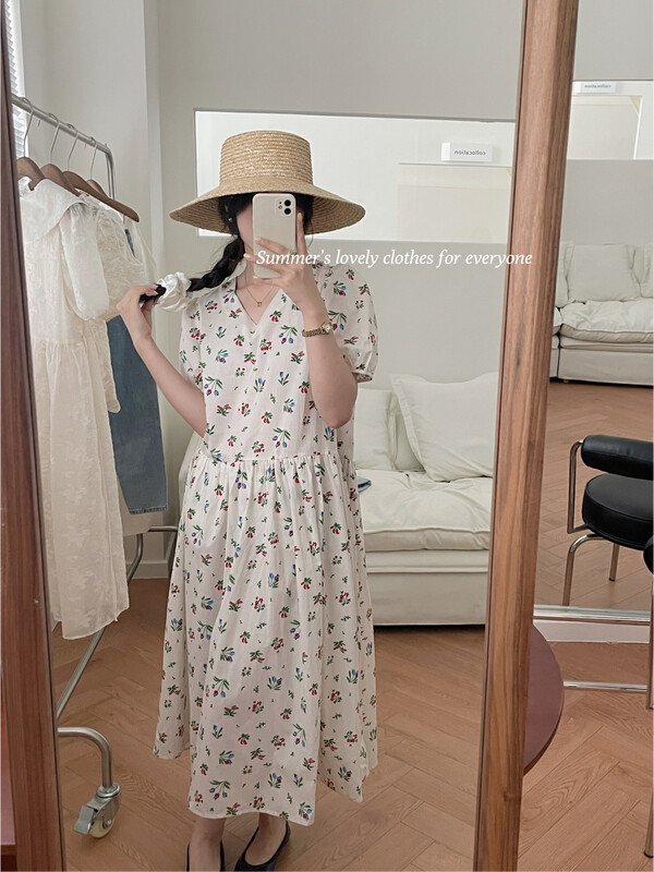 [lovely] French style slim V-neck Monet garden dress s1887\fhx