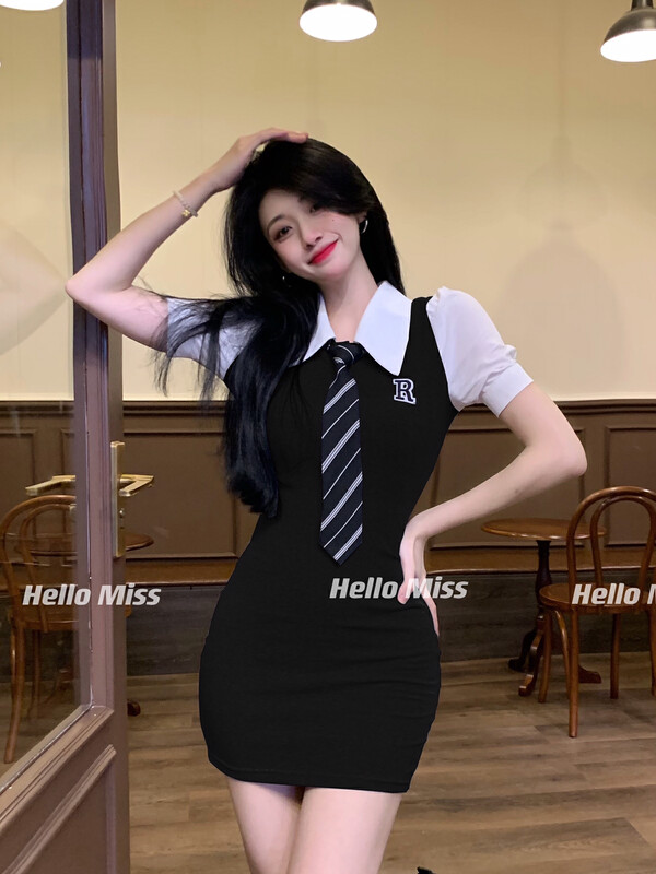 [Hello Miss] patchwork tie academic dress (with tie) 6271\pcz